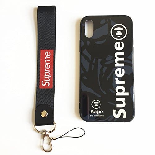 iPhone X/10 Supreme Case,Tempered Glass Back Case with Wrist Lanyard,Streetwear Fashion Hard Glass Back Cover Soft TPU Bumper Frame Anti-scratch Shockproof Resistant Case for iPhone 10/X Case (Black)