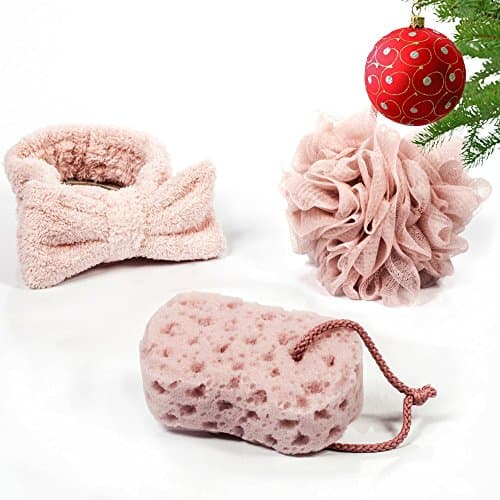 3 Piece Loofah Spa Set - Includes Mesh Shower Pouf, Exfoliating Face or Body Buffer Scrub Sponge &amp; Plush Headband - Gently Pamper and Cleanse Your Skin from Head to Toe - by Savvy Bath
