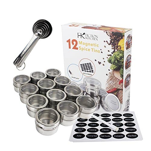 12 Multipurpose Magnetic Spice Tin Set for Fridge Storage – Round Stainless-Steel Spice Jar Container with Clear Shaker Lids - Includes 96 Printed, 54 Blank Labels, Chalk Pen and 4 Measuring Spoons
