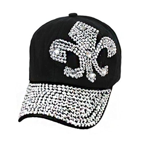 Black Fluer de Lis Crystal Silver Rhinestone Studded Adjustable Baseball Cap