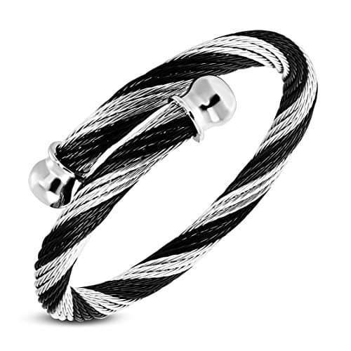 Stainless Steel 2-tone Celtic Twisted Cable Wire Torc Cuff Bangle with Ball Length: 1.452"