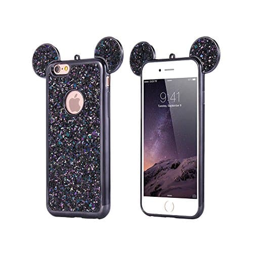 iPhone 6 6s Case, iphone 6 colour case,Lovely Animal 3D glitter bling Mouse Ears with sparkly glitter soft rubber Case for Apple iphone 6 by RoseTag (Black)
