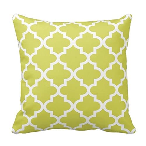 Chartreuse Green and White Decorative Cushion Covers Throw Pillow Case Moroccan Quatrefoil Pattern Print Square Two Sides 16X16 Inch