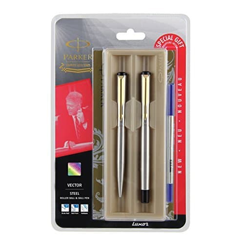 Parker Vector Roller Ball Pen &amp; Ball Pen Combo Gift Set - Fine writing pens (STEEL GT)
