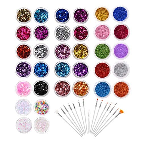 34 Boxes Glitter Set with 15 PCS Nail Art Brushes, Multi-color Power Sequins Iridescent Flakes,Glitter Shimmer Dust Powderfor Nail Art Decoration, Craft, Makeup, Paints, Slime Supplies
