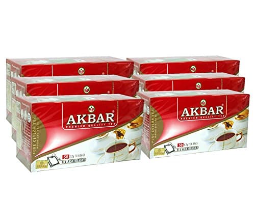 Akbar, Premium Quality Ceylon Tea, 100% Single Origin, 50 Count String &amp; Tag, High Grown Black Tea (Pack of 6)