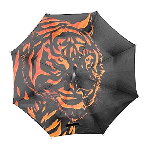Tiger Line Graph Double Layer Inverted Umbrella with C-Shaped Handle, Anti-UV Waterproof Windproof Straight Umbrella for Car Rain Outdoor Use