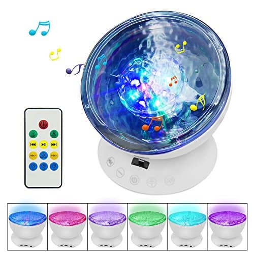 【Newest Design】Testudo Remote Control Ocean Wave Projector 12 LED &amp;7 Colors Night Light with Built-in Mini Music Player，Star Projector for Baby Kids Adults Living Room and Bedroom (White)