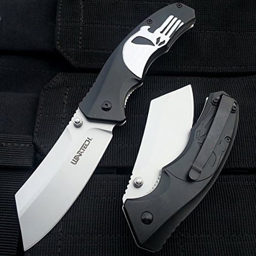 WarTech 8" Tactical Cleaver Razor Thumb Open Spring Assisted Tanto Blade Skull Aluminium Handle Rescue Pocket Knife | with Holt Multi Tool Key Chain