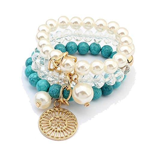 Sunvy Multi Strand Pearl Stackable Bracelets Quartz Pearl Healing Crystal Gemstone Beads Stretch Bracelet Necklace Charm (Blue)