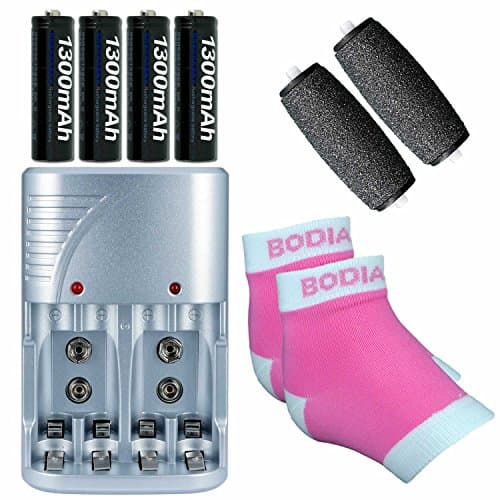 Bundle for Amope Pedi Perfect Foot File - Rechargeable Kit (4-Slot Charger and 4 NiMH AA Batteries), Gel Heel Socks, Replacement Rollers (2 Refills)