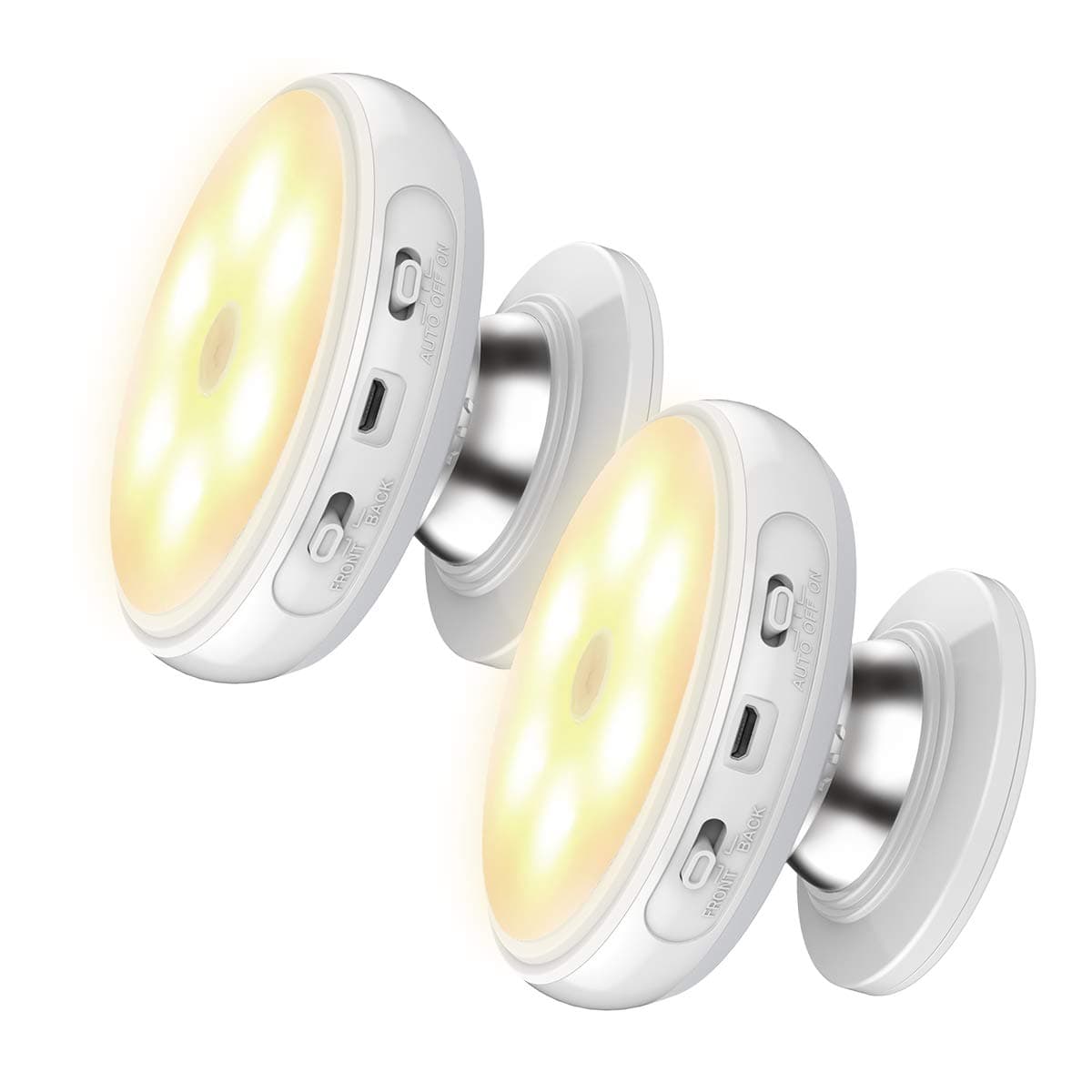 Nycoo Motion Sensor Wireless Front&Back Light Rotating Rechargeable LED Stick-Anywhere Wall Sensing Night Light for Kids Stair Kitchen Patio Hallway Bathroom Cabinet Closet (2Pack-Warm-Rechargeable)