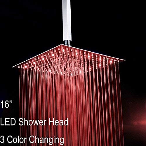 Fyeer 16" Square LED Fixed Rainfall Shower Head Ultra-thin Ceiling Mounted, 3-LAYER Luxury Bathroom Showerheads Mirror Chrome Polished 304 Stainless Steel, Temperature Sensor 3 Colors Changing