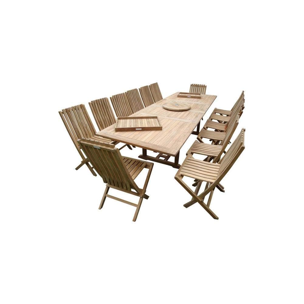 Windsor's Premium Grade A Teak 118"x40" Rectangular Double Extension Table w/14 Java Folding Chairs w/Lumbar Support Back, 5 Yr Wrty, World's Best Outdoor Furniture! Teak Lasts A Lifetime!