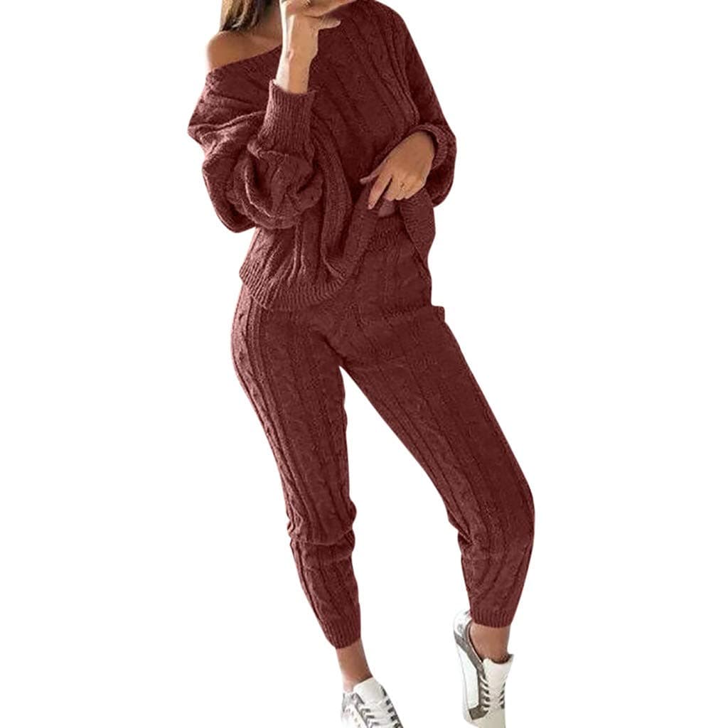 [Save 10% 2Pcs Women Sports Sweatshirt Pants Sets,Solid Off Shoulder Tracksuit Lounge Wear Suit Sets Long Sleeve Casual Cable Knitted Warm Sweater + Pants 2 Piece Outfit