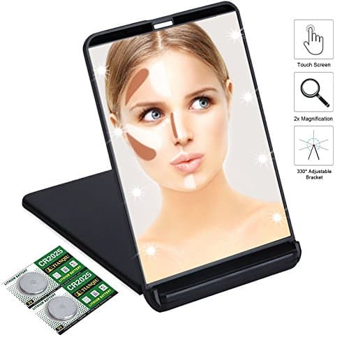 LED Lighted Makeup Mirror with 8 Dimmable Lights | Travel Makeup Mirror Portable | Compact Folding Mirror Touch Screen | 2x Magnifying Cosmetic Illuminated Vanity Mirror( Upgrade Black)