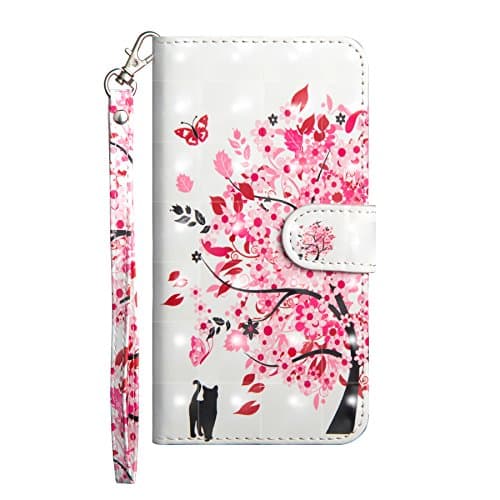 iPhone Xs Max - Case (6.5″ Display), MerKuyom [Special 3D][Wrist Strap] [Kickstand] Premium PU Leather Wallet Pouch Flip Cover Case W/Stylus for Apple iPhone Xs Max (Black Cat Pink Flower Tree)
