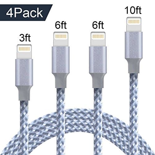 QIANXIANG iPhone Charger 4Pack 3FT 6FT 6FT 10FT, Extra Long Nylon Braided Charging Cord Lightning Cable to USB Charger for iPhone X, 8, 7 Plus, 6S, 6, SE, 5S, 5, iPad, iPod touch (Grey and White)