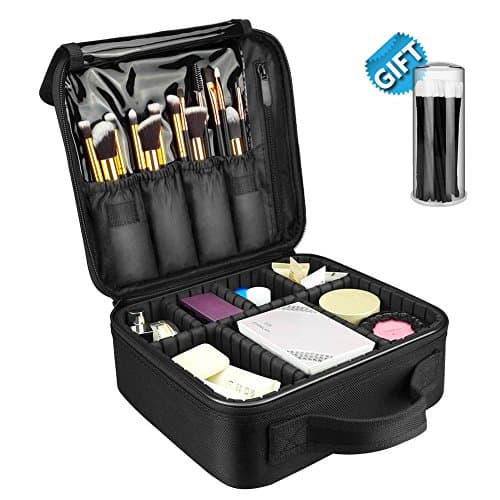 Travel Makeup Case, Portable Cosmetic Train Case with Adjustable Dividers for Makeup Tools + 50 Free Disposable Lip Brushes