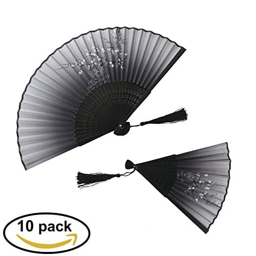 Folding Hand Fan,10 Pack, Silk and bamboo, black, 21CM, wedding gifts , birthday gifts … (10)