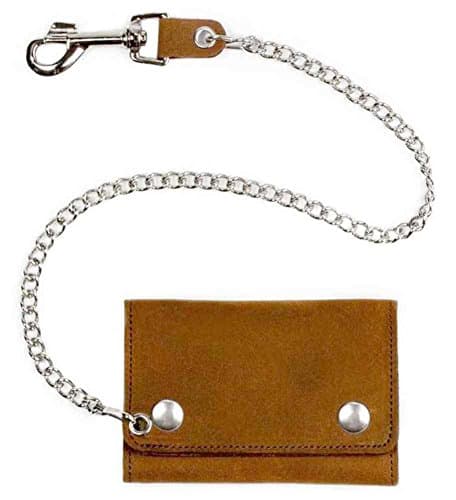 Men's Mid-Size Tri-Fold Biker Styled Chain Wallet, Genuine Leather Brown PU325