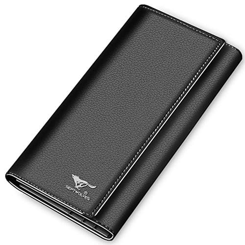 Premium Leather Long Tri Fold Wallet Multi Card Holder Wallet Black Business for Men