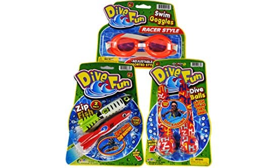 Pool Party Toys Bundle Combo. 6 Dive Fun swim Goggles, 2 Dive Ball and 1 Zip Fish. Great Pool Birthday Party Favors. For boys and girls. COLORS MAY VARY