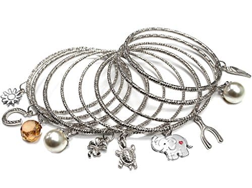 Aris Huge Stack Diamond Cut Charm Bangles Bundle: Bracelets &amp; Bag (Silver-tone Lucky Theme)