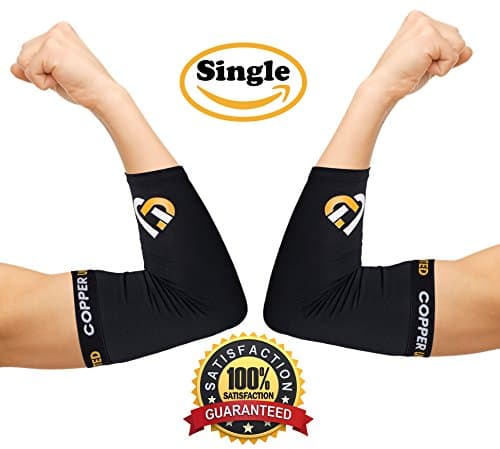 Copper United Compression Elbow Sleeve #1 Copper Infused Fit Support - GUARANTEED Recovery Brace - Best for Workouts , Golfers , Tennis Elbow , Arthritis , Tendonitis &amp; More - Wear Anywhere - Single