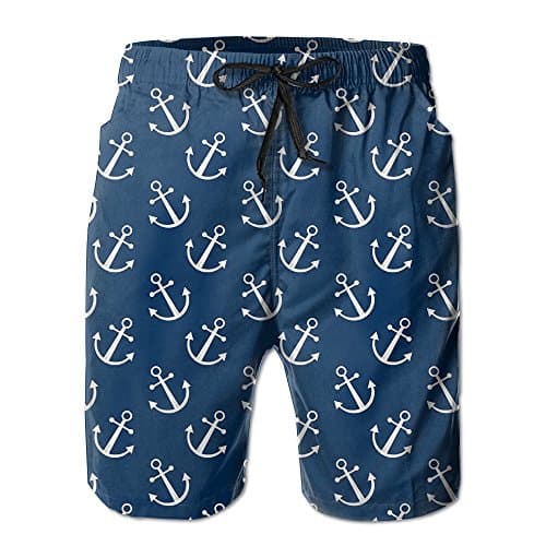 Vdha Summer Mens Board Short Blue Anchor Pattern Elastic Waist With Pockets Swimwear Casual Shorts Boys Beach Boardshort M