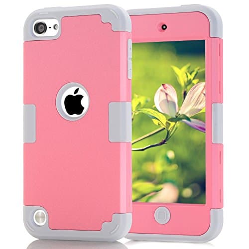 Case for iPod Touch 5 Case for iPod Touch 6 Case, Dual Layered Hard PC Case + Silicone Shockproof Heavy Duty High Impact Armor Hard Case Cover for Apple iPod Touch 5 6th Generation (Pink+Gray)