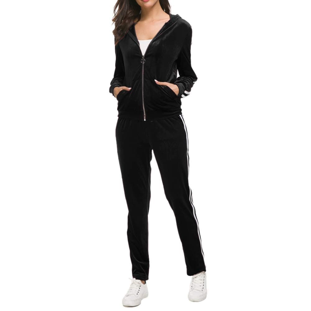 Women's 2 Piece Solid Velvet Tracksuit Set Striped Full Zip-up Hooded Sweatshirts & Pants Set
