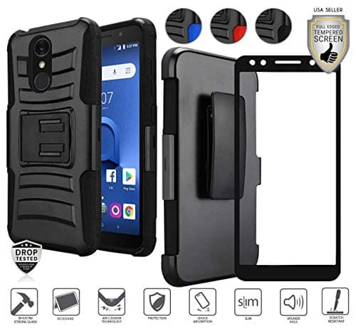 Alcatel Avalon V/1X Evolve/TCL LX/idealXtra case, Tempered Glass Screen Protector, Premium Holster Hybrid Combo Case [Clip] with Stand [Shockproof] [Armor] (Black)
