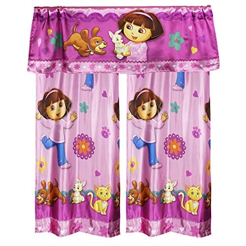 3pc Dora the Explorer Long Drapery Set Doras Pets Satin Window Curtains and Valance