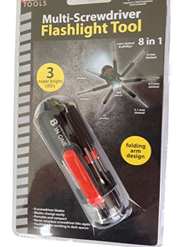 SCREWDRIVER SET. 8 IN 1 MULTI-SCREWDRIVER WITH 3 LED FLASHLIGHT AND 1 LED SPOTLIGHT TOOL FOR HOME AND AUTO. COMPACT FOLDING ARM DESIGN WITH 8 SIZES. GET ONE AND NEVER MISPLACE SCREWDRIVER BITS AGAIN!