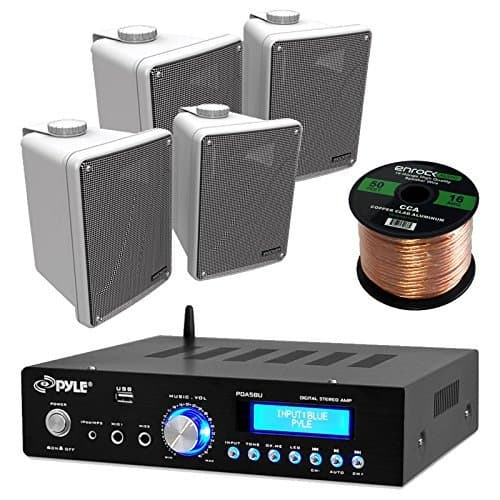 Amp And Speaker Combo Packge: Pyle PDA5BU Bluetooth Radio USB AUX Amplifier Stereo Receiver Bundle With 2x Kicker KB6000B 6.5" Full Range Bookshelf Waterproof Speaker + Enrock 50ft 16g Speaker Wire