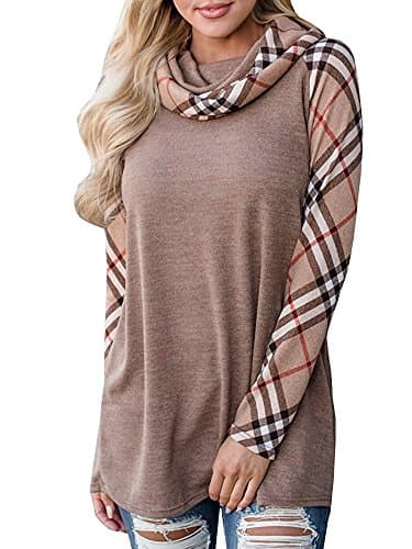 Qlassic Womens Cowl Neck Sweatshirt Pullover Shirts Long Sleeve Plaid Raglan Tunic Tops