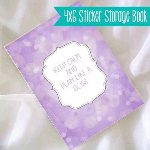 Planner Sticker Storage Book. 4" x 6" Sticker Storage Book in Purple Bokeh w/ "Keep Calm & Plan Like A Boss" Quote.