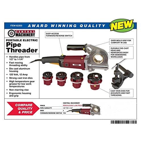 1/2, 3/4, 1 and 1-1/4 Portable Electric Pipe Threader Set with Carrying Case by Central Machinery