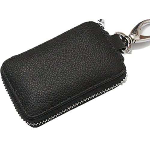 Car Key Case Leather Chain Holder Metal Hook Ring Zipper Bag Fob (black)