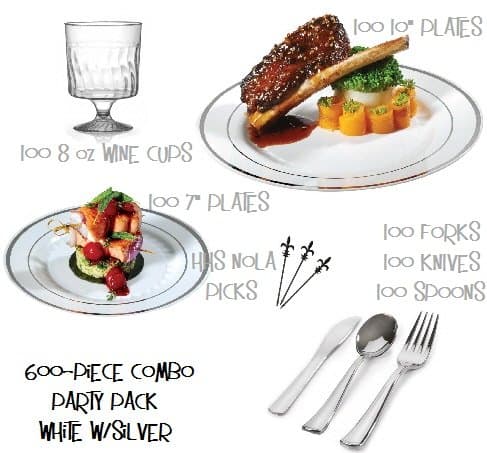 Party Combo Pack-600 Pieces, Premium Plastic White/Silver China 7" and 10" Plates, Silver Plastic Cutlery and 8 oz. Disposable Wine Glasses w/Bonus NOLA Picks - SERVES 100