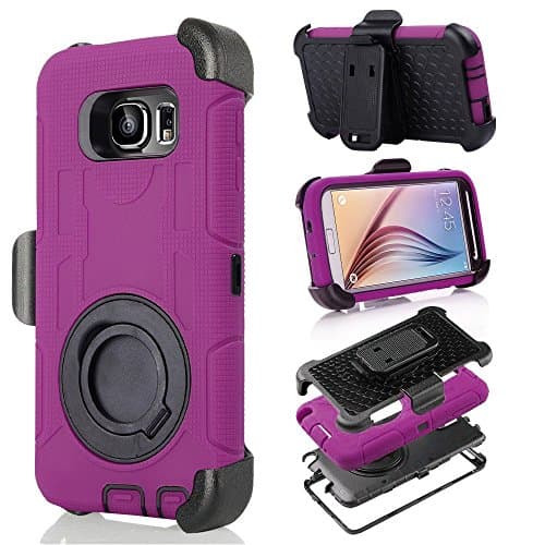 S6 Case, Galaxy S6 Case, Aitech Ultra Shock&drop-proof Amy-grade Protective Hard Defender Case and Three Layer Hard Shell Cover Holster with 360 Degree Rotating Ring Bracket Protective Case for Samsung Galaxy S6-- TPU Rubber & Silicone Case with Stand & Clip for Samsung Galaxy S6 (Purple+Black)