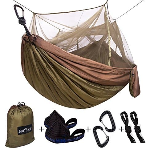 Single & Double Camping Hammock with Mosquito/Bug Net, 10ft Hammock Tree Straps & Carabiners | Easy Assembly | Portable Parachute Nylon Hammock for Camping, Backpacking, Survival, Travel & More