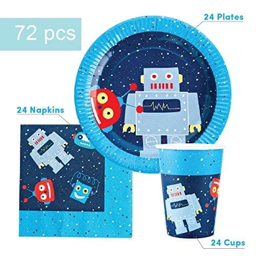 Robot Party Supplies Set for 24 - Includes 72 pcs total: 24 Cups, 24 Plates, 24 Napkins