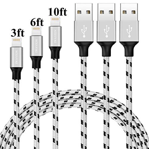 Lightning Cable, IWAVION 3pack 3ft 6ft 10ft Nylon Braided Lightning to USB iPhone Charger Cord with Aluminum Connector for iPhone 8/8plus/8X/7/7 Plus/6s/6s Plus/6/6Plus/SE/5s/5, iPad/iPod-Black/Silver