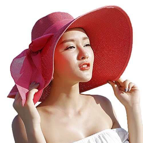 Womens Floppy Sun Hat Packable Wide Brim Straw Hat with Bowknot Watermelon Red