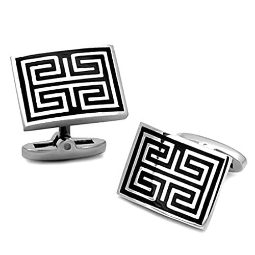 Rectangle Stainless Steel Silver Tone and Black Greek Key Pattern Cufflinks