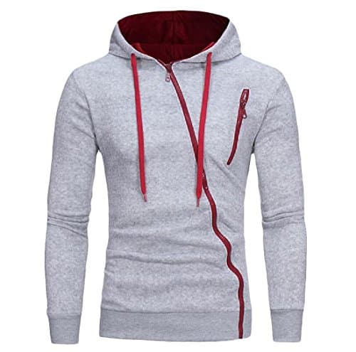 Godeyes Men's Slim Vogue Zipper Sweatshirt Drawstring Solid Bomber Jacket Light Grey 2XL
