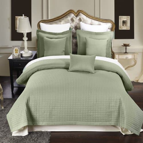 Wrinkle Free Checkered Quilted 3PC Coverlet Set/Bed Spread Set (Sage, King/California King)