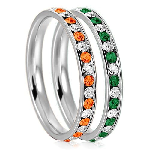 3mm Stainless Steel Crystal Channel Eternity Wedding Band Stackable Ring Set, Orange Hyacinth & Green Emerald Color, Size 8